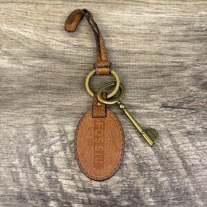Fossil Brown Leather Keychain With Brass Keyring & Decorative Key